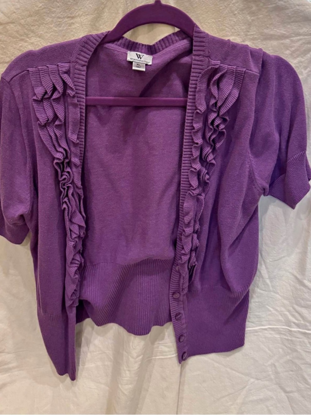 Worthington short-sleeve ruffle cardigan in a vibrant purple shade